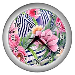 Luxurious Watercolor Flowers Wall Clock (silver) by GardenOfOphir