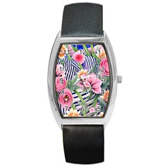 Luxurious Watercolor Flowers Barrel Style Metal Watch by GardenOfOphir