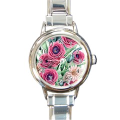 Majestic Watercolor Flowers Round Italian Charm Watch by GardenOfOphir