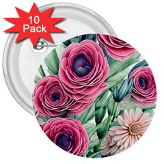 Majestic Watercolor Flowers 3  Buttons (10 Pack)  by GardenOfOphir