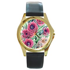 Majestic Watercolor Flowers Round Gold Metal Watch by GardenOfOphir