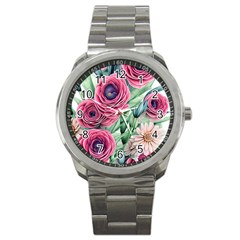 Majestic Watercolor Flowers Sport Metal Watch by GardenOfOphir