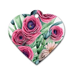 Majestic Watercolor Flowers Dog Tag Heart (two Sides) by GardenOfOphir