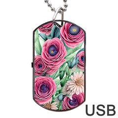 Majestic Watercolor Flowers Dog Tag Usb Flash (two Sides) by GardenOfOphir