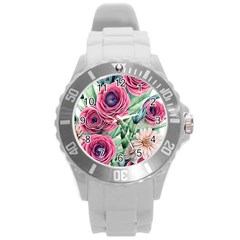 Majestic Watercolor Flowers Round Plastic Sport Watch (l) by GardenOfOphir