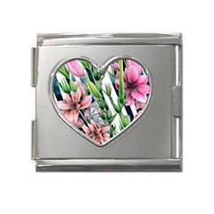 Sumptuous Watercolor Flowers Mega Link Heart Italian Charm (18mm) by GardenOfOphir