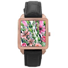 Sumptuous Watercolor Flowers Rose Gold Leather Watch  by GardenOfOphir