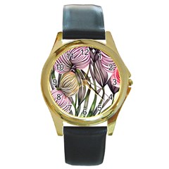 Charming And Cheerful Watercolor Flowers Round Gold Metal Watch by GardenOfOphir