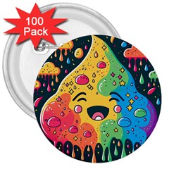 Rainbows Drip Dripping Paint Happy 3  Buttons (100 Pack)  by Ravend