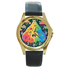 Rainbows Drip Dripping Paint Happy Round Gold Metal Watch by Ravend