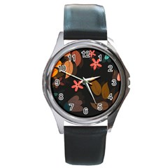 Flowers Leaves Background Floral Plants Foliage Round Metal Watch by Ravend