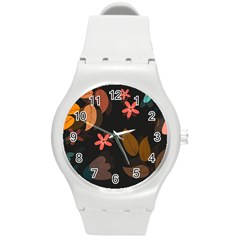 Flowers Leaves Background Floral Plants Foliage Round Plastic Sport Watch (m) by Ravend