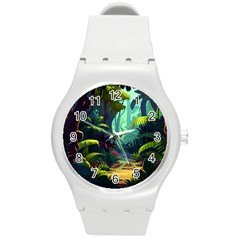 Rainforest Jungle Cartoon Animation Background Round Plastic Sport Watch (m) by Ravend