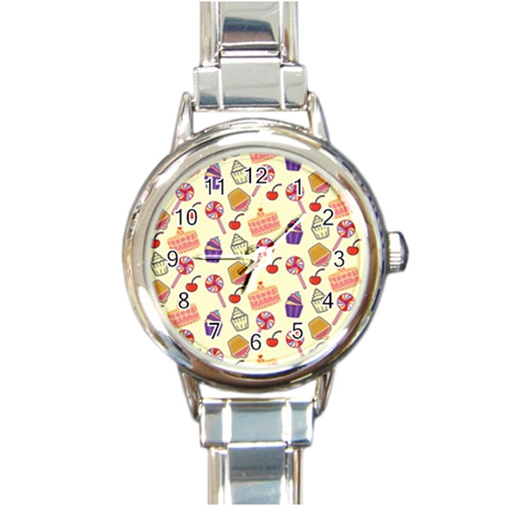 Happy Birthday Cupcake Pattern Lollipop Flat Design Round Italian Charm Watch