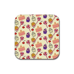 Happy Birthday Cupcake Pattern Lollipop Flat Design Rubber Coaster (square) by Ravend