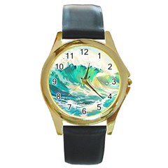 Ai Generated Waves Ocean Sea Tsunami Nautical Art Round Gold Metal Watch by Ravend