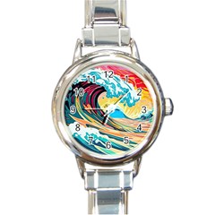 Ai Generated Waves Ocean Sea Tsunami Nautical Arts Round Italian Charm Watch by Ravend