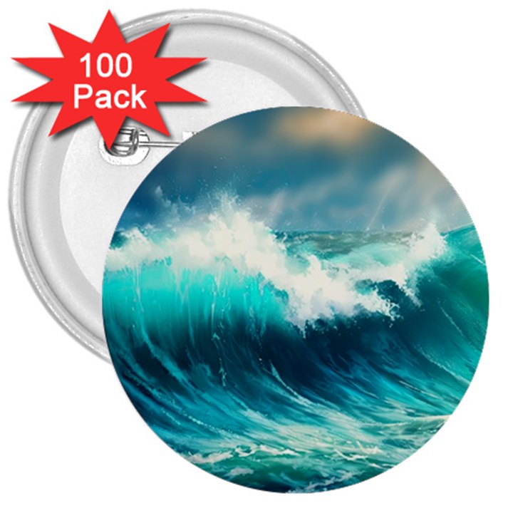 Ai Generated Waves Ocean Sea Tsunami Nautical Painting 3  Buttons (100 pack) 