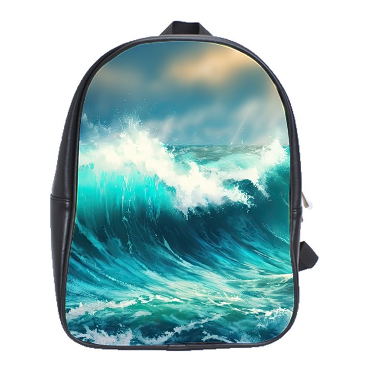 Ai Generated Waves Ocean Sea Tsunami Nautical Painting School Bag (Large)