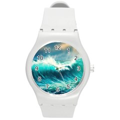 Ai Generated Waves Ocean Sea Tsunami Nautical Painting Round Plastic Sport Watch (m) by Ravend