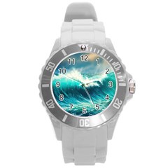 Ai Generated Waves Ocean Sea Tsunami Nautical Painting Round Plastic Sport Watch (l) by Ravend