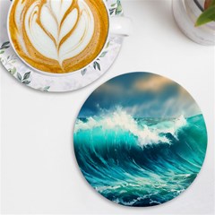 Ai Generated Waves Ocean Sea Tsunami Nautical Painting Uv Print Round Tile Coaster by Ravend