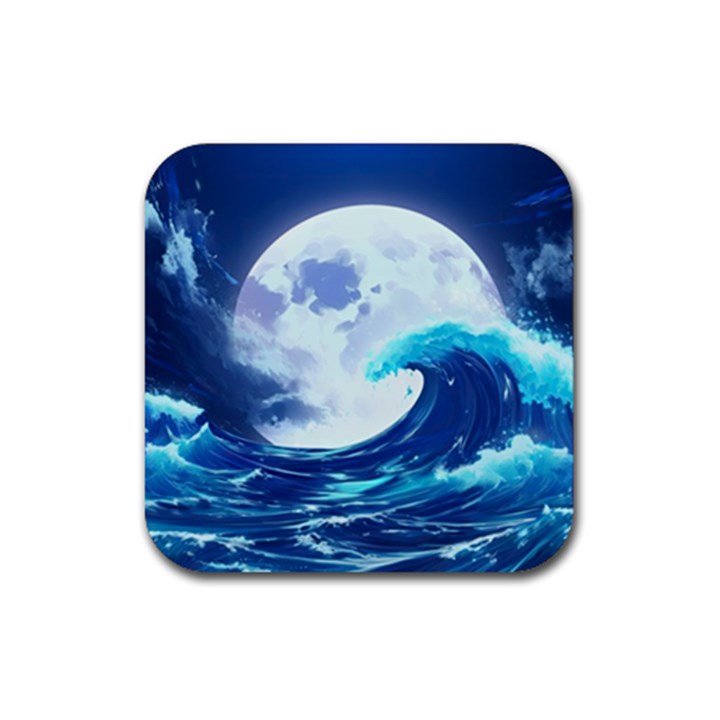 Ai Generated Waves Ocean Sea Tsunami Nautical Blue Rubber Coaster (Square)