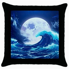 Ai Generated Waves Ocean Sea Tsunami Nautical Blue Throw Pillow Case (black) by Ravend