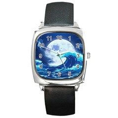 Ai Generated Waves Ocean Sea Tsunami Nautical Blue Square Metal Watch