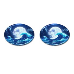 Ai Generated Waves Ocean Sea Tsunami Nautical Blue Cufflinks (oval) by Ravend