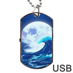 Ai Generated Waves Ocean Sea Tsunami Nautical Blue Dog Tag Usb Flash (one Side) by Ravend