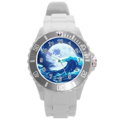 Ai Generated Waves Ocean Sea Tsunami Nautical Blue Round Plastic Sport Watch (l) by Ravend