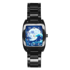 Ai Generated Waves Ocean Sea Tsunami Nautical Blue Stainless Steel Barrel Watch by Ravend