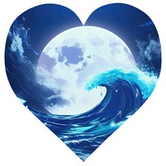 Ai Generated Waves Ocean Sea Tsunami Nautical Blue Wooden Puzzle Heart by Ravend