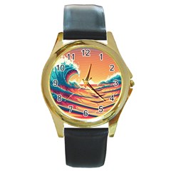 Ai Generated Waves Ocean Sea Tsunami Nautical Art Nature Round Gold Metal Watch by Ravend