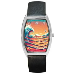 Ai Generated Waves Ocean Sea Tsunami Nautical Art Nature Barrel Style Metal Watch by Ravend