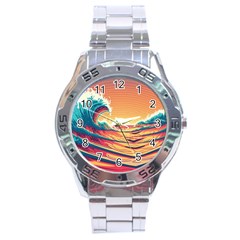 Ai Generated Waves Ocean Sea Tsunami Nautical Art Nature Stainless Steel Analogue Watch by Ravend