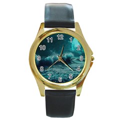 Ai Generated Waves Ocean Sea Tsunami Nautical Blue Sea Art Round Gold Metal Watch by Ravend