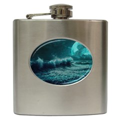 Ai Generated Waves Ocean Sea Tsunami Nautical Blue Sea Art Hip Flask (6 Oz) by Ravend