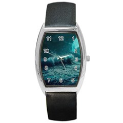 Ai Generated Waves Ocean Sea Tsunami Nautical Blue Sea Art Barrel Style Metal Watch by Ravend