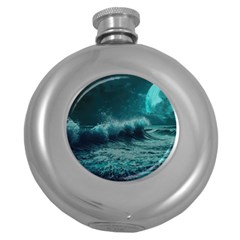 Ai Generated Waves Ocean Sea Tsunami Nautical Blue Sea Art Round Hip Flask (5 Oz) by Ravend