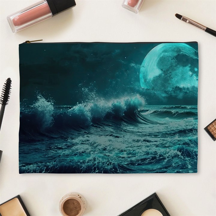 Ai Generated Waves Ocean Sea Tsunami Nautical Blue Sea Art Cosmetic Bag (XL)