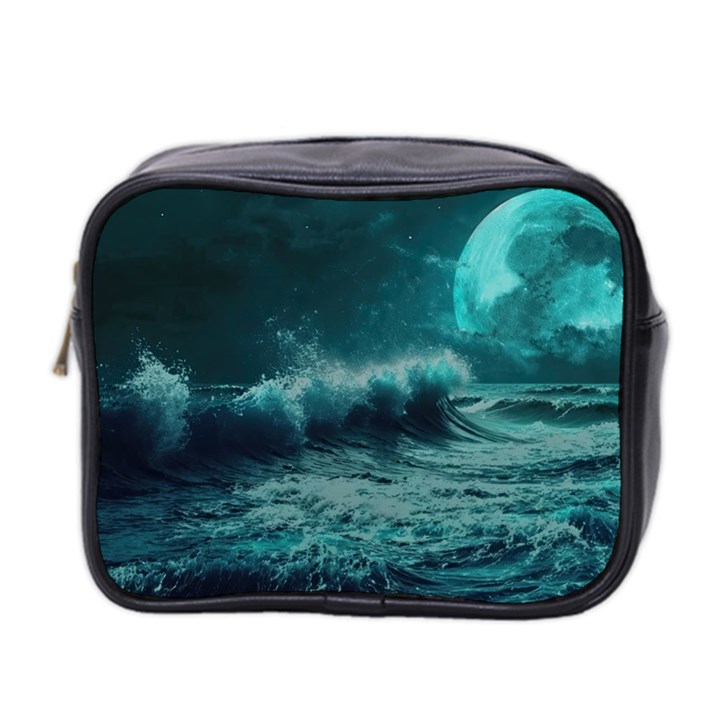 Ai Generated Waves Ocean Sea Tsunami Nautical Blue Sea Art Mini Toiletries Bag (Two Sides)