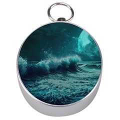 Ai Generated Waves Ocean Sea Tsunami Nautical Blue Sea Art Silver Compasses by Ravend