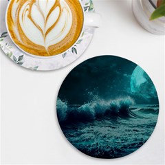 Ai Generated Waves Ocean Sea Tsunami Nautical Blue Sea Art Uv Print Round Tile Coaster by Ravend