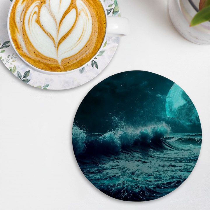 Ai Generated Waves Ocean Sea Tsunami Nautical Blue Sea Art UV Print Round Tile Coaster