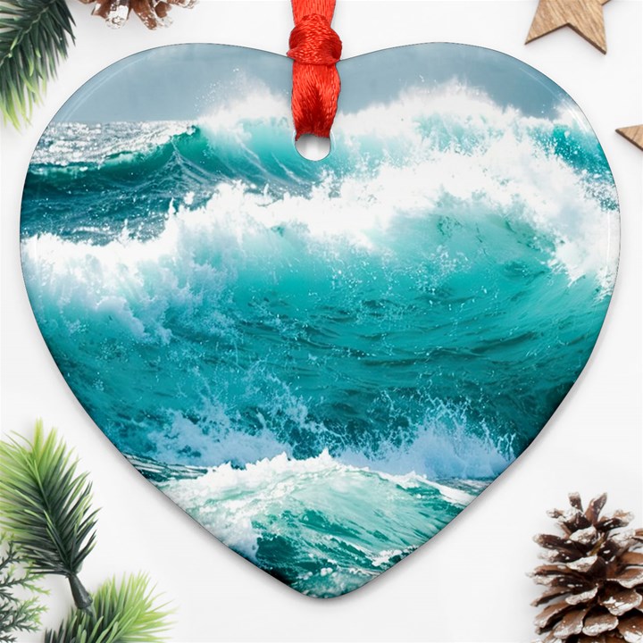 Ai Generated Waves Ocean Sea Tsunami Nautical Blue Sea Ornament (Heart)