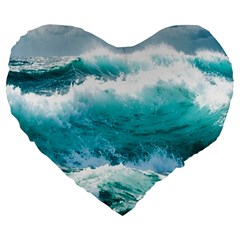 Ai Generated Waves Ocean Sea Tsunami Nautical Blue Sea Large 19  Premium Flano Heart Shape Cushions by Ravend