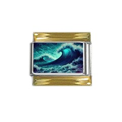 Ai Generated Waves Ocean Sea Tsunami Nautical Fantasy Gold Trim Italian Charm (9mm) by Ravend