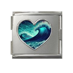 Ai Generated Waves Ocean Sea Tsunami Nautical Fantasy Mega Link Heart Italian Charm (18mm) by Ravend